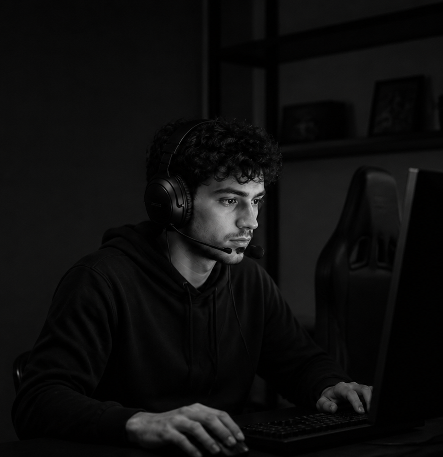 Player concentrating at a computer